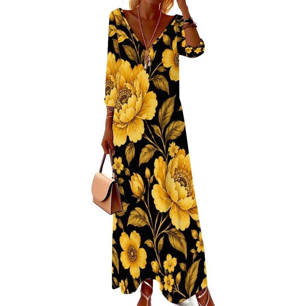 Women Plus Size V Neck Three Quarter Sleeve Black Yellow Floral Printed Long Dress