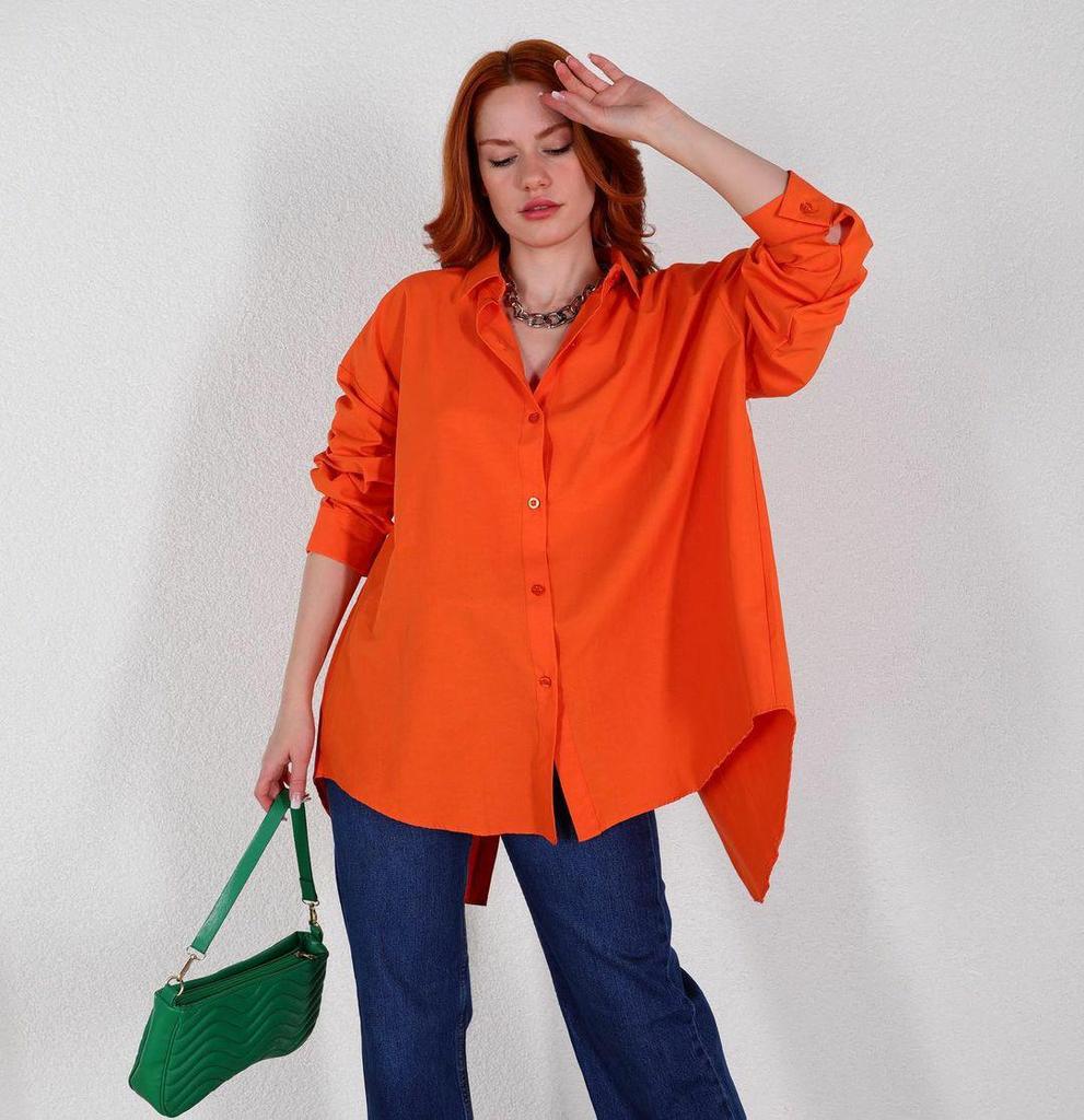 European and American Women's Solid Color Long-Sleeve Back Slit Loose Shirt - Autumn 2023 Fashion.