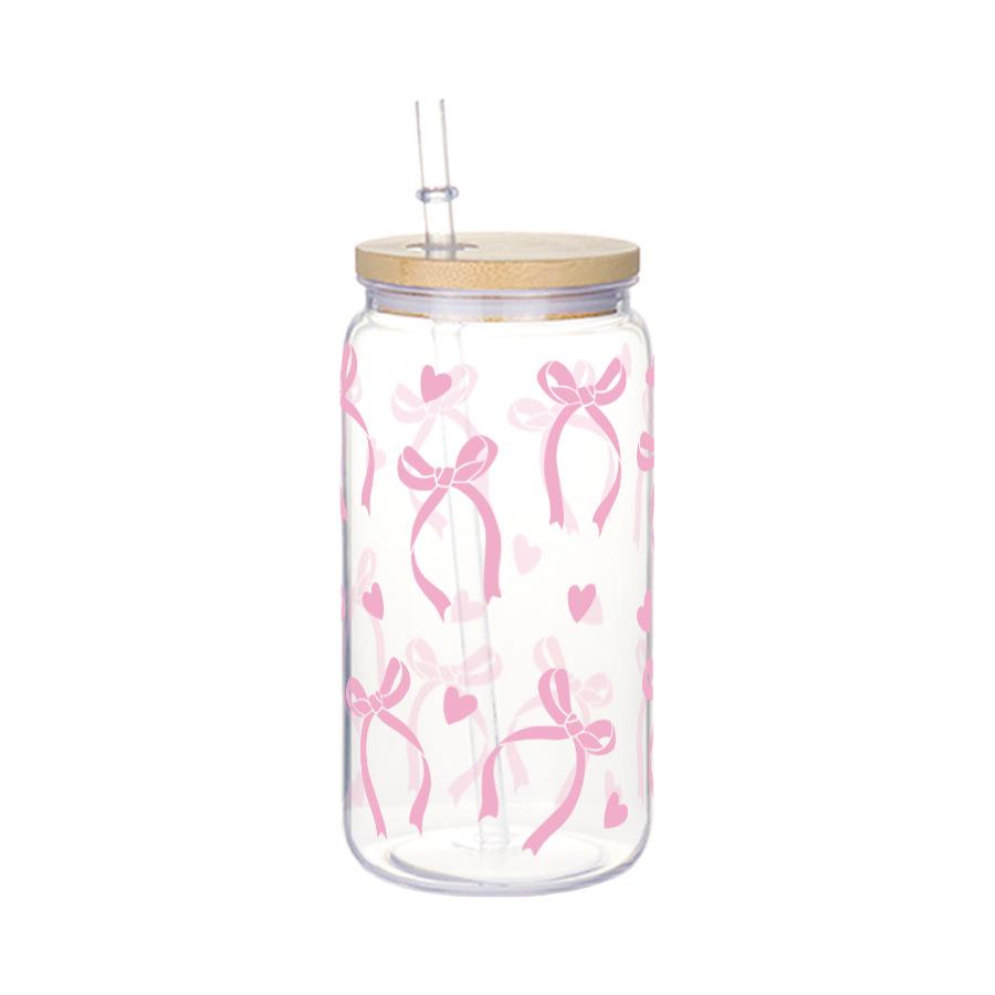 16oz Reusable Plastic Cup with Straw Lid Cute Bow Cherry Water Bottle Iced Coffee Juice Milk Mason Cups Drinkware Holiday Gifts