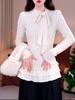 French Polka Dot Bow Tie Lace-Up Long Sleeve Velvet T-Shirt for Women - Autumn/Winter Slim Fit Base Layer Top