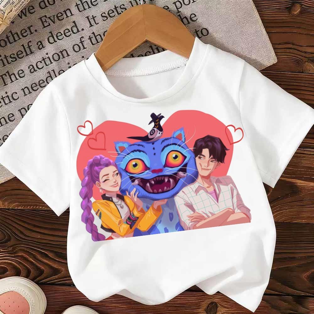 Demon Hunters Kpop T-shirt Girls Boys Short Sleeve Purple Tee Anime Children's Clothing Huntrix Tiger Harajuku Tops Tshirt Gifts