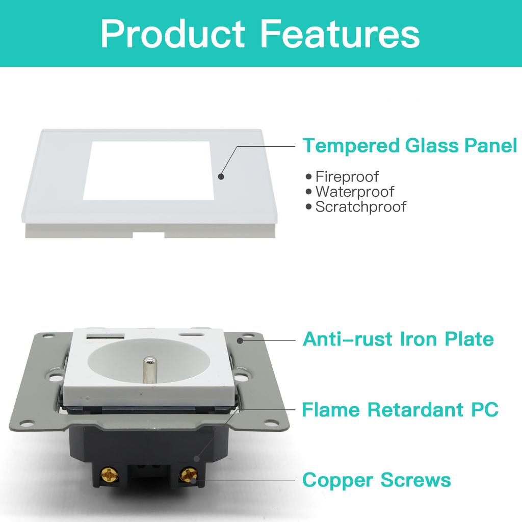 BSEED French Type-C Interface Outlet Wall Socket 16A USB Charge Port Power Socket Glass Crystal Panel Electrical Outlet