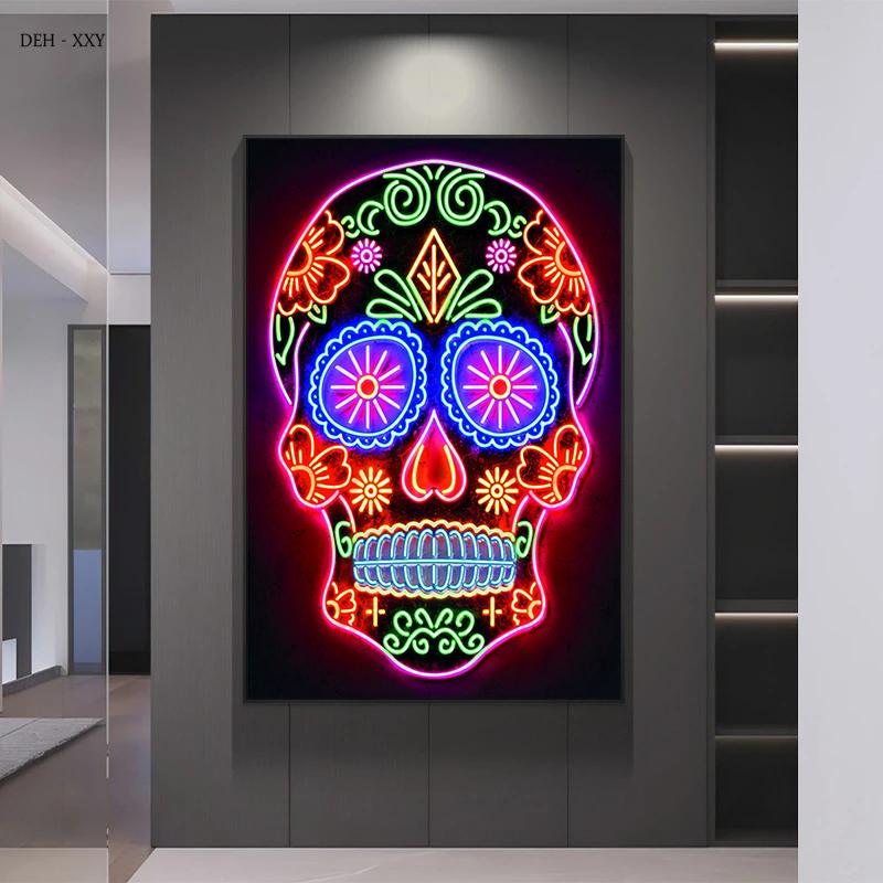Neon Wall Art Skull Head Posters Day of The Dead Canvas Print Painting Pop Street Wall Art Picture for Home Bar Room Decor