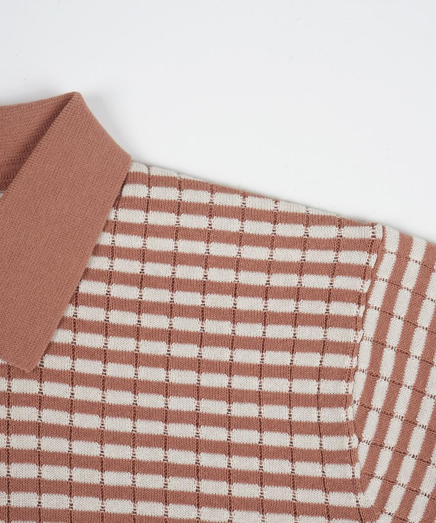 BIRBANTE Summer Washable Striped Collar Knit - Brick/Beige