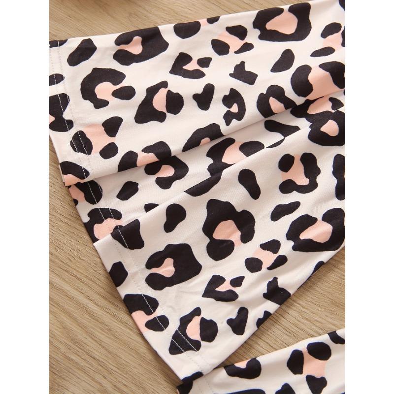 Two-Piece Girls' Casual Leopard Print Set with Heart Pattern - Brown White Long Sleeve Top Pants, Perfect for Fall/Winter