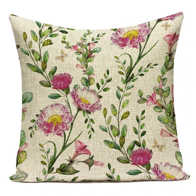 Decorative Throw Pillows Case Linen Sofa Home Decor Pillowcase Pink Flower Plant Leaf Cushion Cover For Living Room