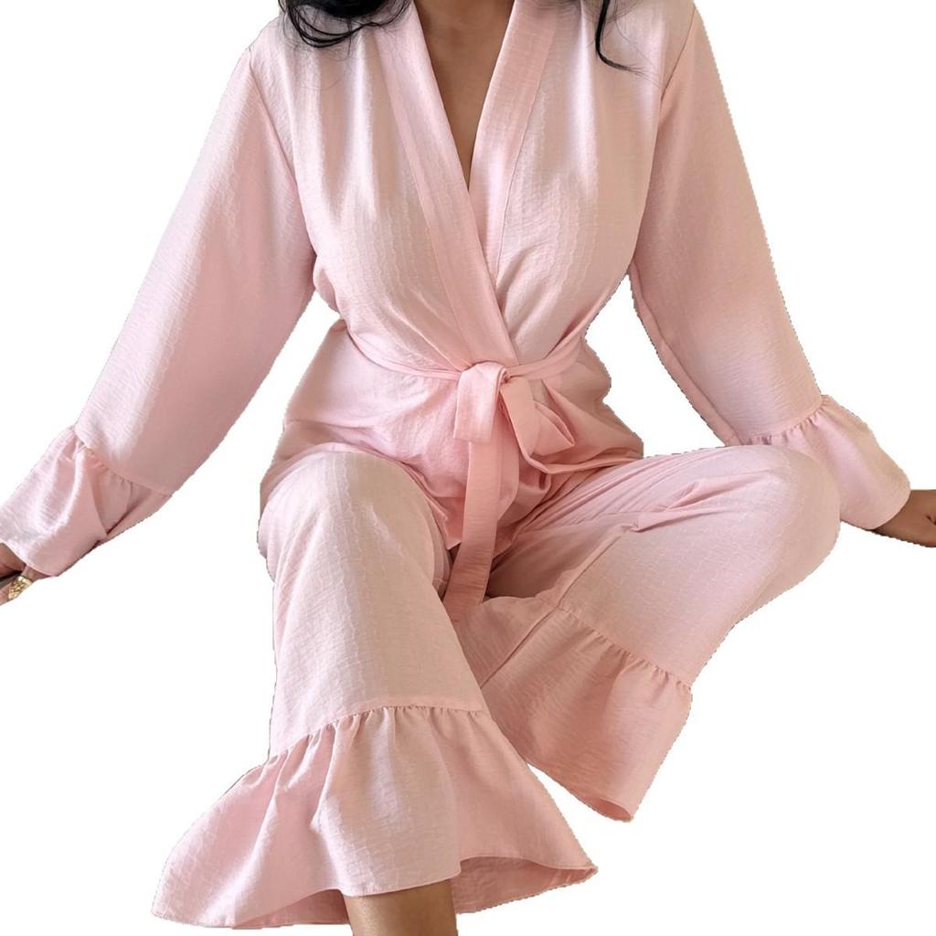 Women's Seersucker Cloud Cotton Pajama Set: Spring/Summer Solid Color Robe & Long Pants Two-Piece Sleepwear.