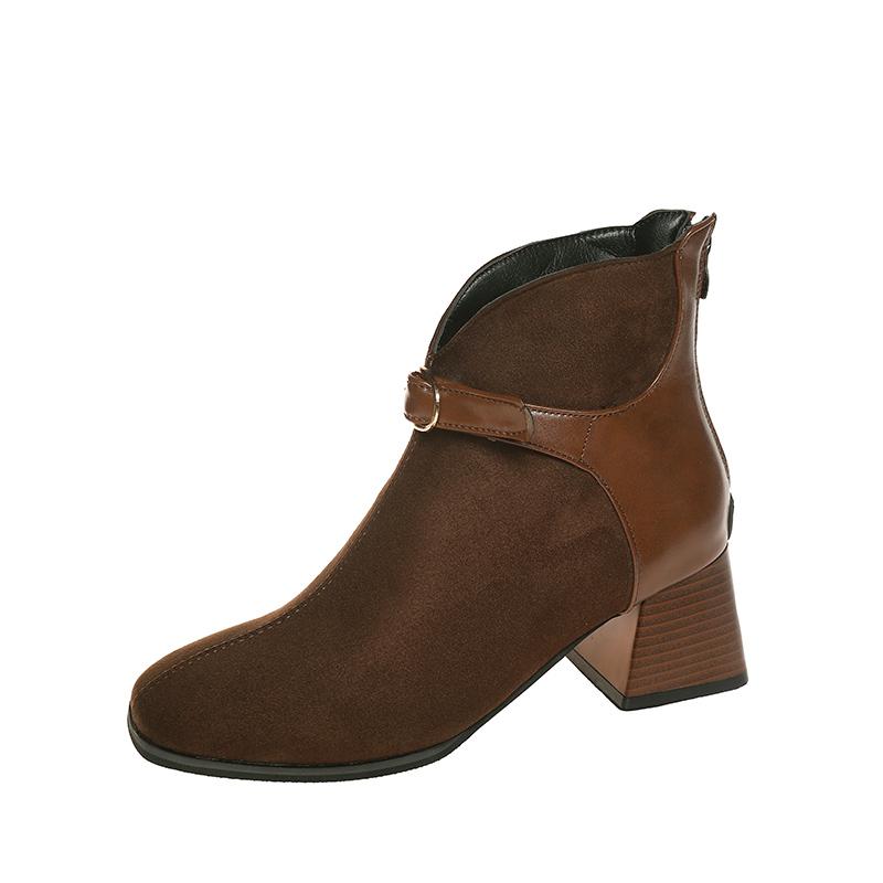 

Fashion Fashionable Zipper Design Round Toe Women s Short Boots 2024 Winter Suede Thick High Heels Large Size Pin Buckle Fashion Boots 35 шоколадный