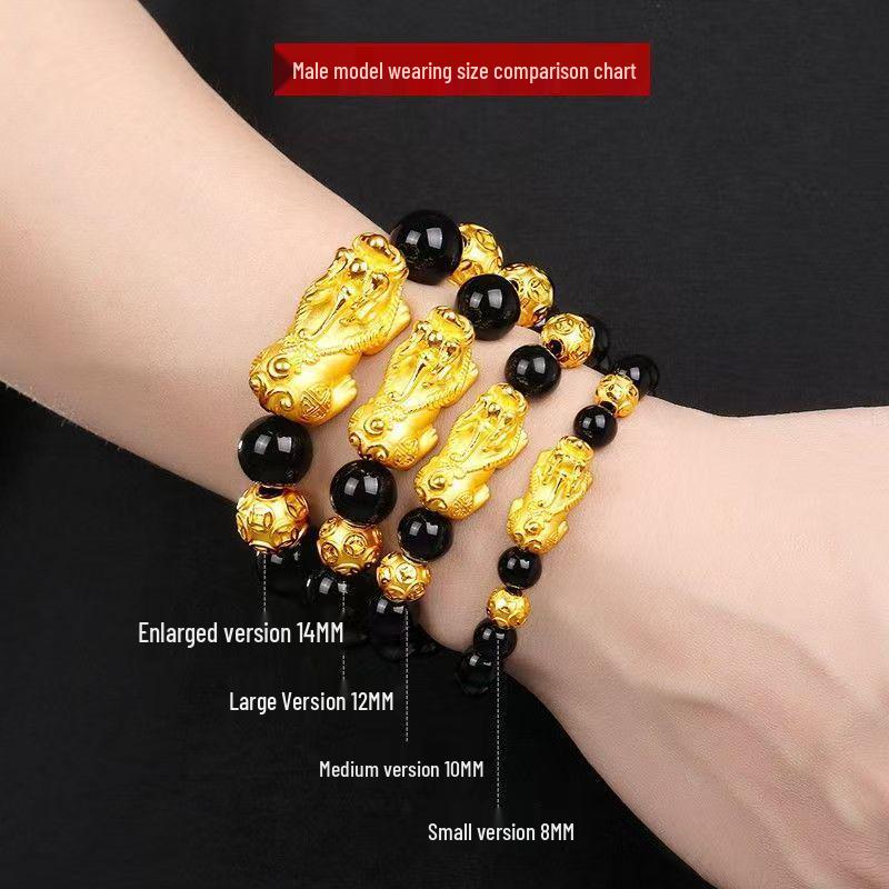 Vietnam Sandgold Pixiu 3D Armband: Langlebige Imitation Goldperlen, Schwarzer Stein, Glücks- und Wohlstandsbeschwörer für Männer & Frauen Bead Diameter 12mm (Bold Unisex) yellow