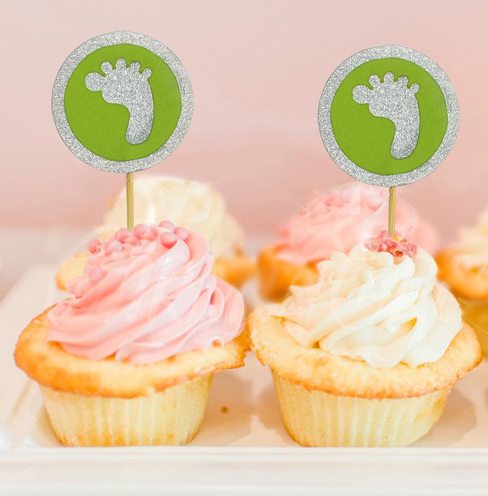 Darling Souvenir| Glitter Baby Foot Baby Shower Cupcake Toppers| Dessert Decorations - Pack Of