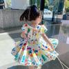 Children's Dress Summer Girls' Dress Cute Graffiti Kids Dress Square Collar Puff Sleeves Backless Dress