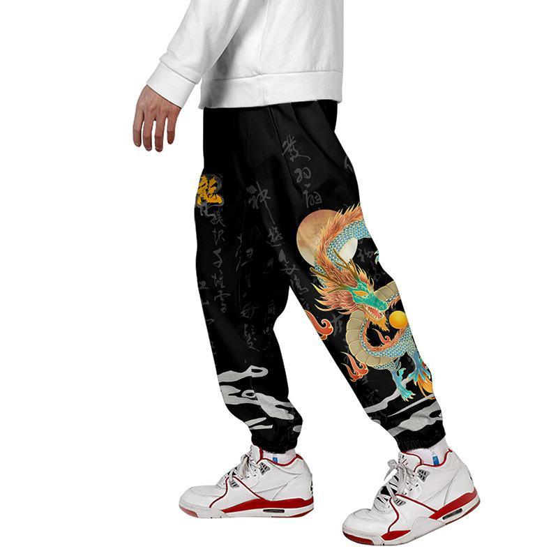 Loose Men Hip Hop Streetwear Dragon Printing Pants Male Chinese Style Trousers Elastic Waist Sports Trousers