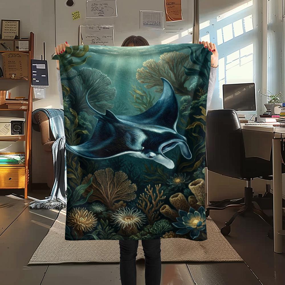 1PC Floral Water Scene Print FlAannel Blanket, High quality Comfortable for All Seasons, Home Decor, Warmth and Comfort