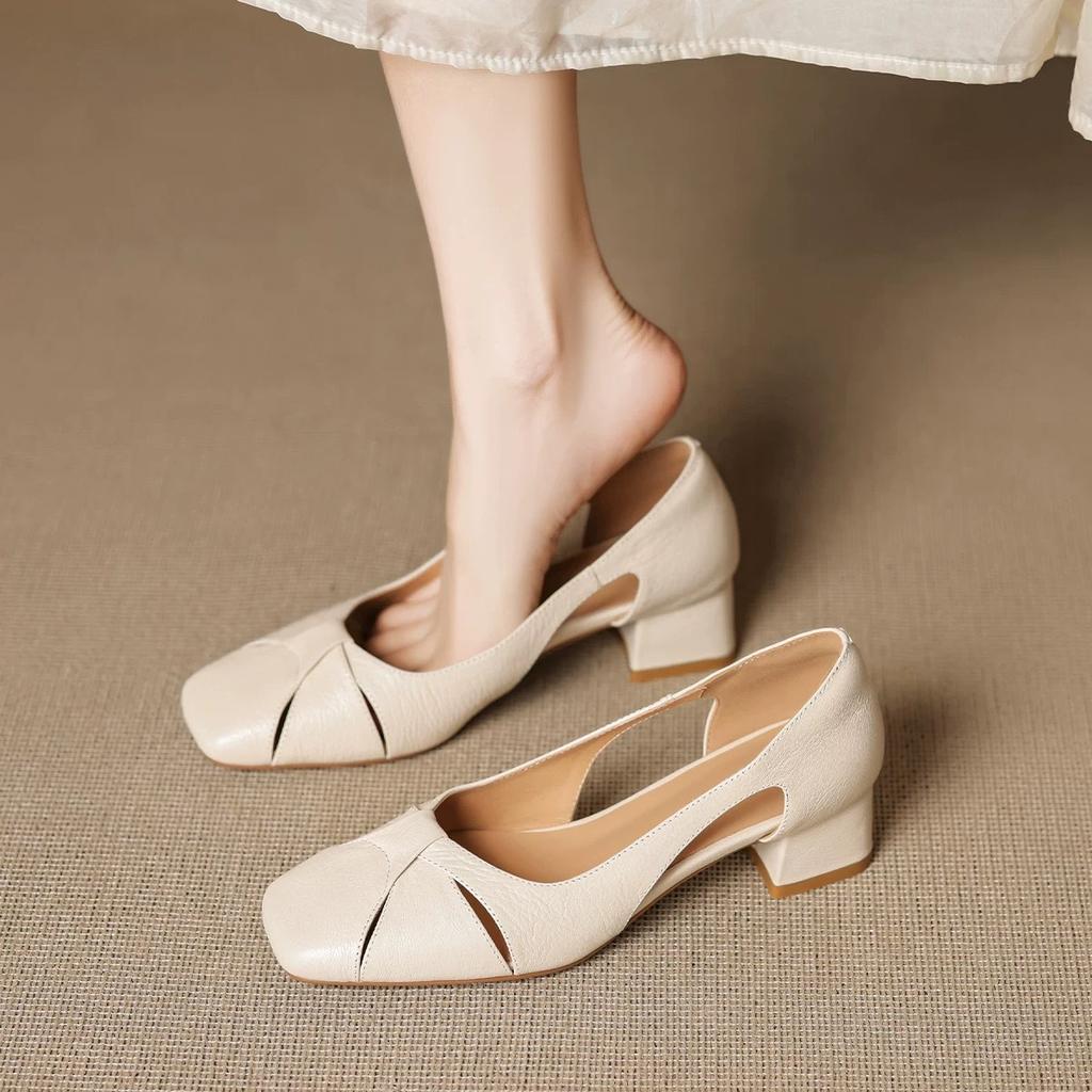 Schaffell Französisch Vierkantkopf Hohl Sandalen Damen Sommer Tragen Loch Schuhe Retro Flachmund Seite Luftatmungsaktiv Dicke Ferse Einzelne Schuhe