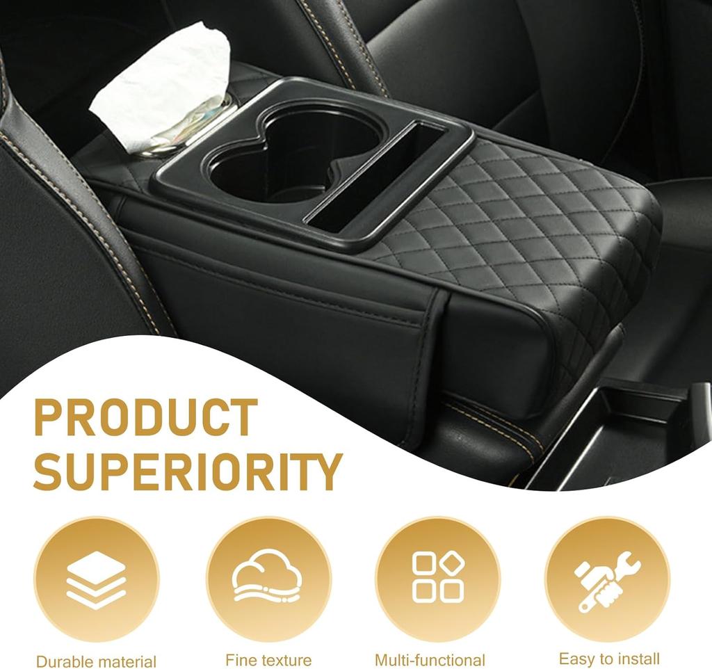 Universal Car Armrest Box Height Booster Cushion Center Console Cover Pad with 2 Cup Holders and Tissue Holder