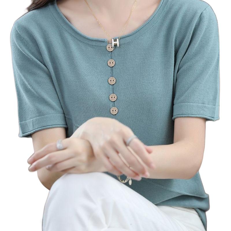 Women s Minimalist Versatile Slimming Elegant Top Cotton Knit Button Crew Neck Solid Color Short-Sleeve T-Shirt S
