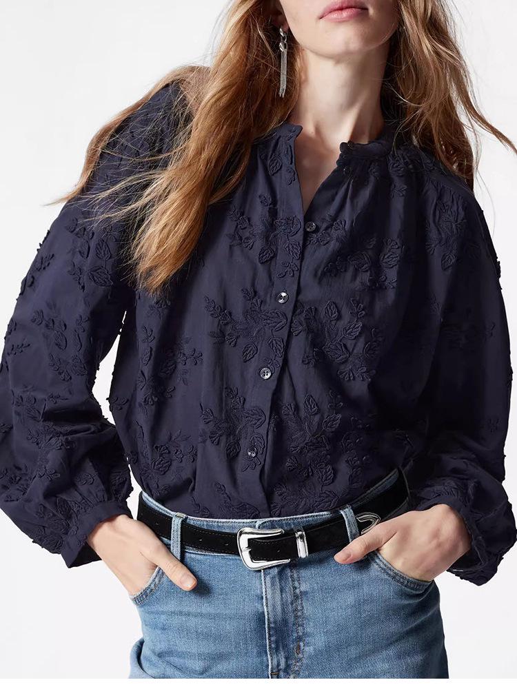 French Embroidered Women's Long Sleeve Cotton Blouse - High-End Autumn Collection