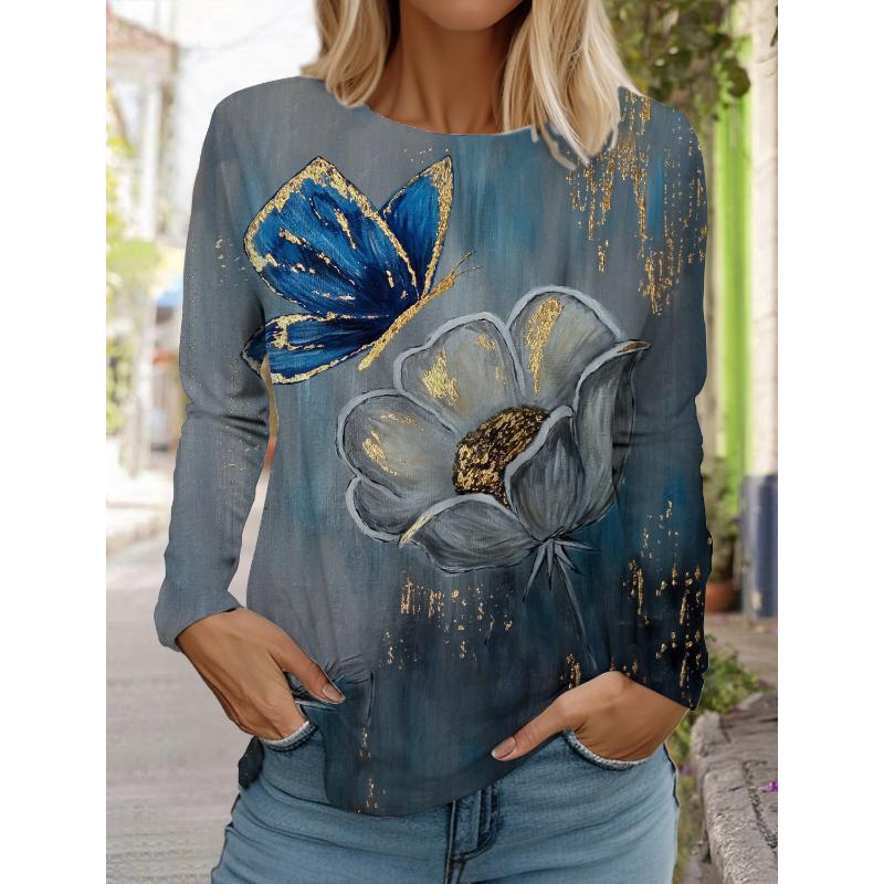 T-shirt manches longues ras du cou femme, design tendance, impression florale 3D, style fin, coupe régulière, printemps/automne
