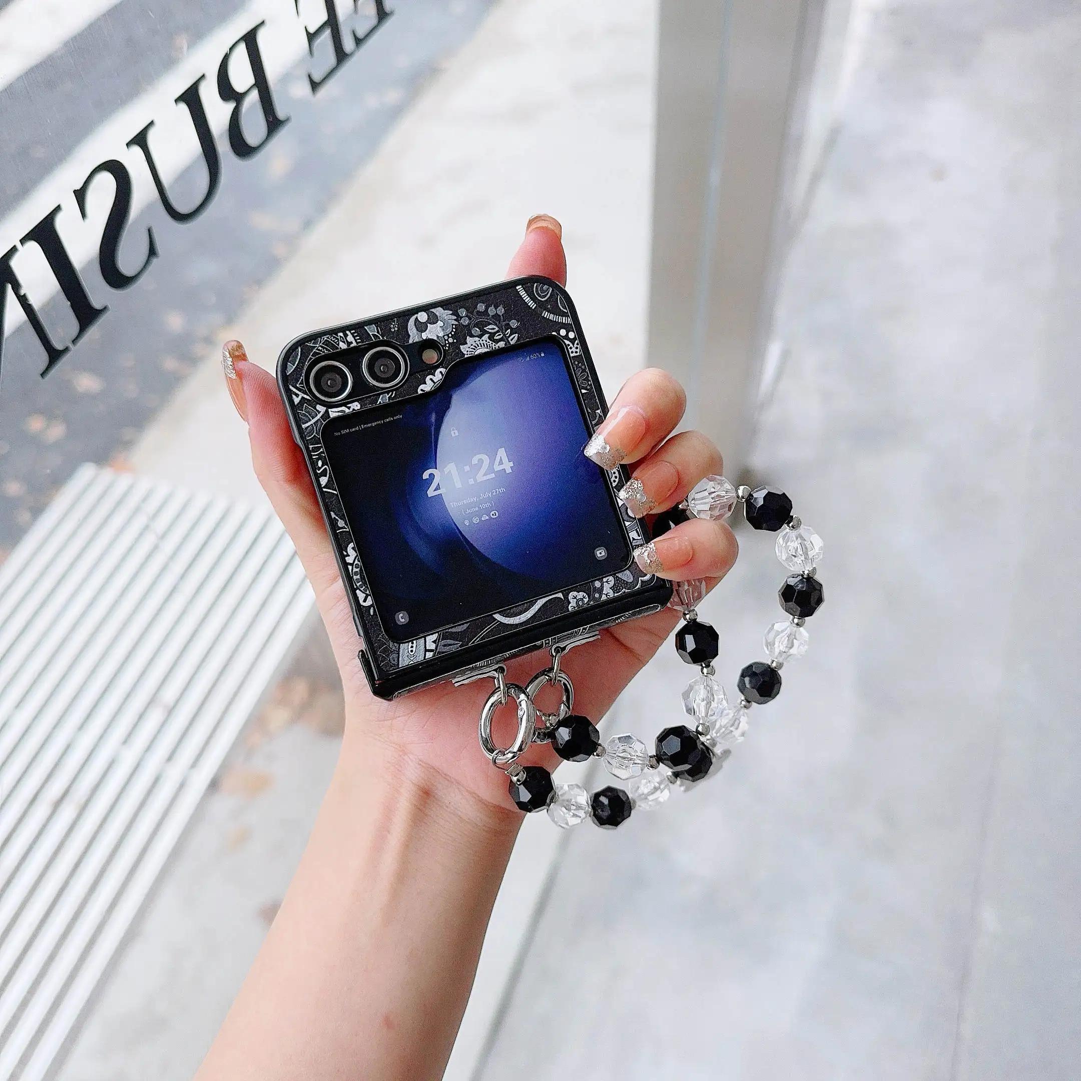 

Ремешок на запястье PU кожаный чехол для телефона с бусинами для Samsung Galaxy Z Flip 6 5 4 3 5G Защита шарнира Противоударный чехол For Samsung Galaxy Z Flip 3