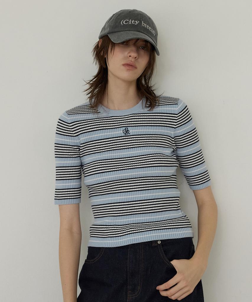 CITYBREEZE Striped Round Neck Short Sleeve Knit_Blue