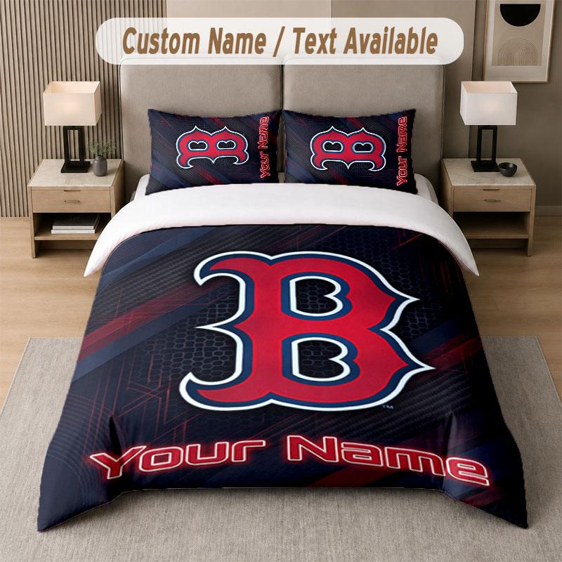 Custom Bedding Set Boston Red Sox Pattern, Print Name Text 1 Duvet Cover plus 2 Pillowcases Home Textile