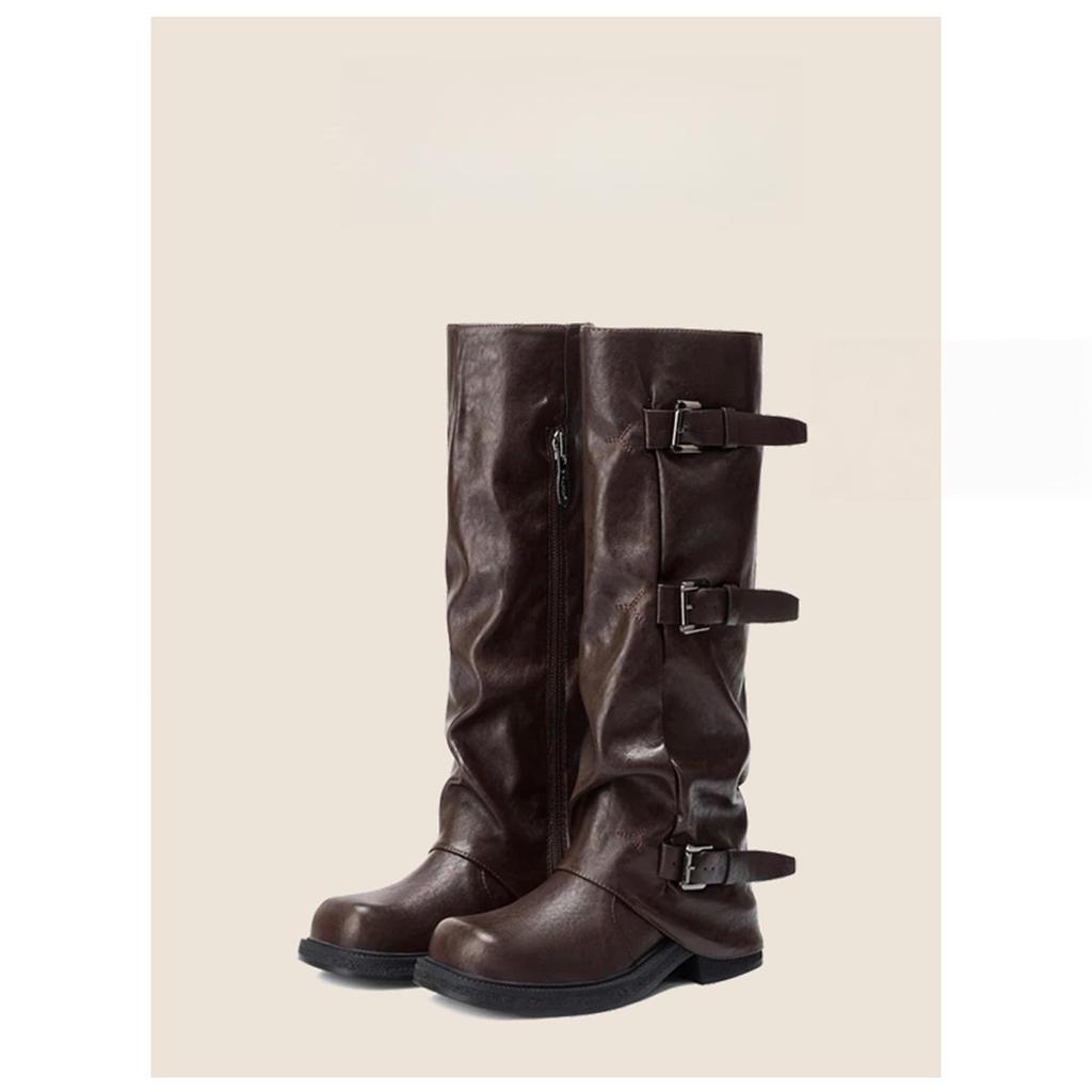 2025 neue hochhackige lange Ritterstiefel mit dicker Sohle für Damen Maillard plissierte Hosenstiefel braune Schnallenstiefel