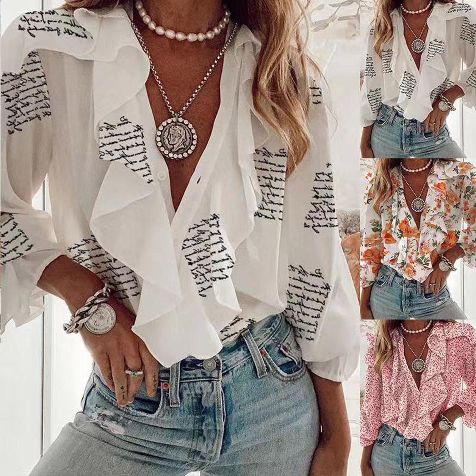 

Модная женская элегантная рубашка на пуговицах с v-образным вырезом и принтом