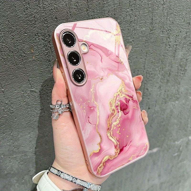Pink gold-plated marble patterned glass phone case suitable for Samsung Galaxy S26 S25 S24 S22 S21 S20 FE/Ultra/Plus hard case