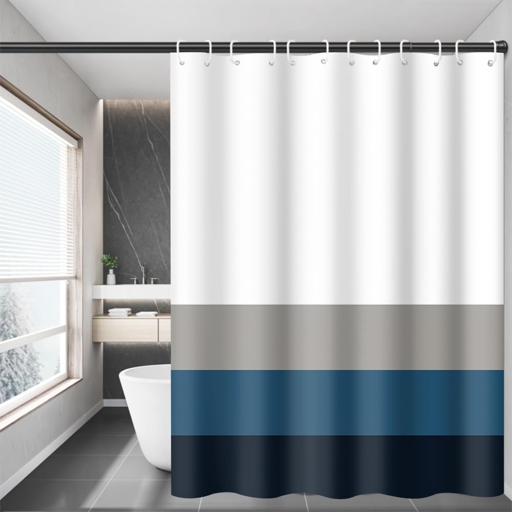 Striped Fabric Bathroom Shower Curtain-Modern Simple Polyester Waterproof Blue Grey Abstract Line Pattern With Hook
