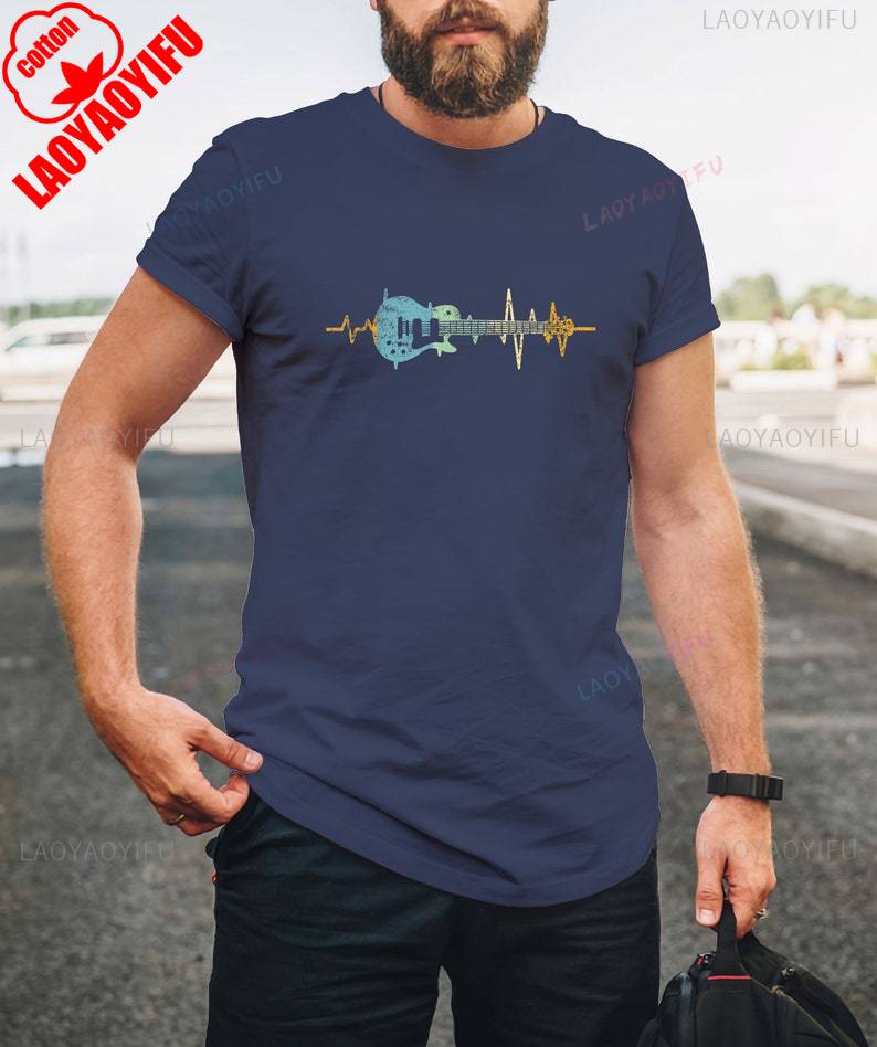Heartbeat of A Guitarist Cotton TShirt Retro Guitar Lover Gift Guitar Vibes Perfect Gift for Music Lovers Casual Men Clothing