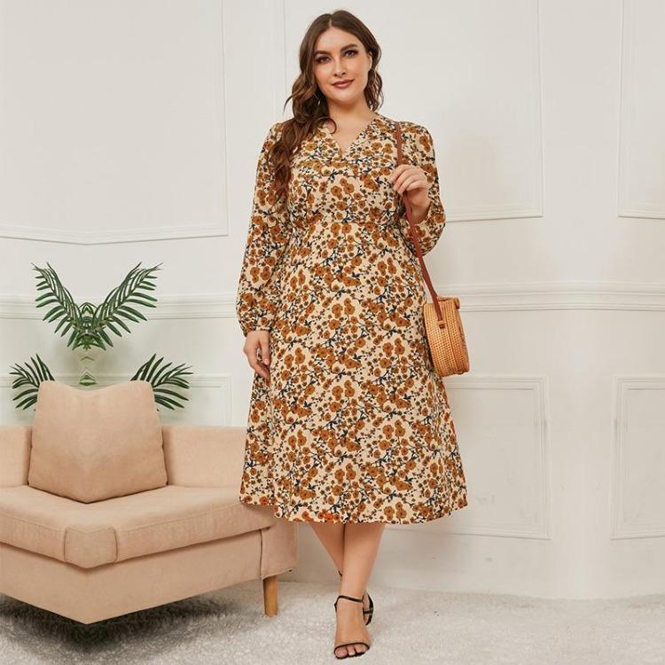 Autumn Winter New Long Sleeve V Neck Slim Fit All Match High Waist Printed Lace Up Women Long Dress