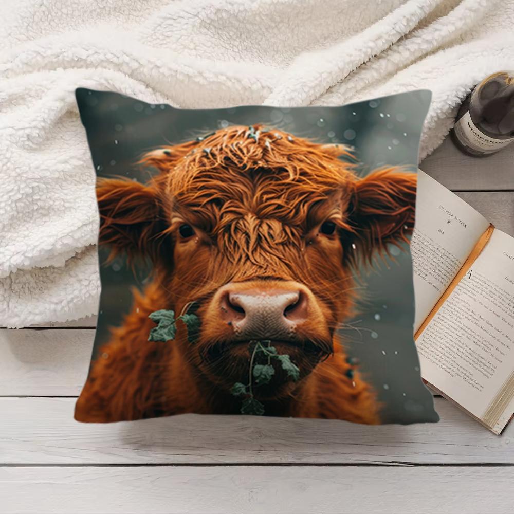 Cute Highland Cow Cushion Cover Short Plush DoubleSided Printing Home Machine Washable in Warm Winter Pillow Cover
