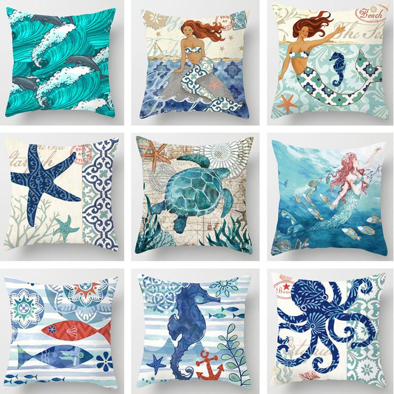45x45cm Mediterranean Style Sea Animal Mermaid Digital Printed Peach Skin Pillowcase Home Sofa Cushion Cover