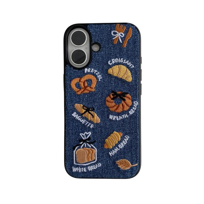 

Retro Denim Embrpoidery Bread Toast Warm Fabric Phone Case For iPhone 17 Air 16 15 14 13 Pro Max Lovely Back Cover iPhone17 Pro