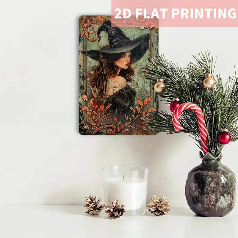 Room Decor 1pc Vintage Witch Metal Tin Sign, 8x12 Inches, Iron Wall Art with Pre-Drilled Holes, Elegant Witchcraft Themed Decor