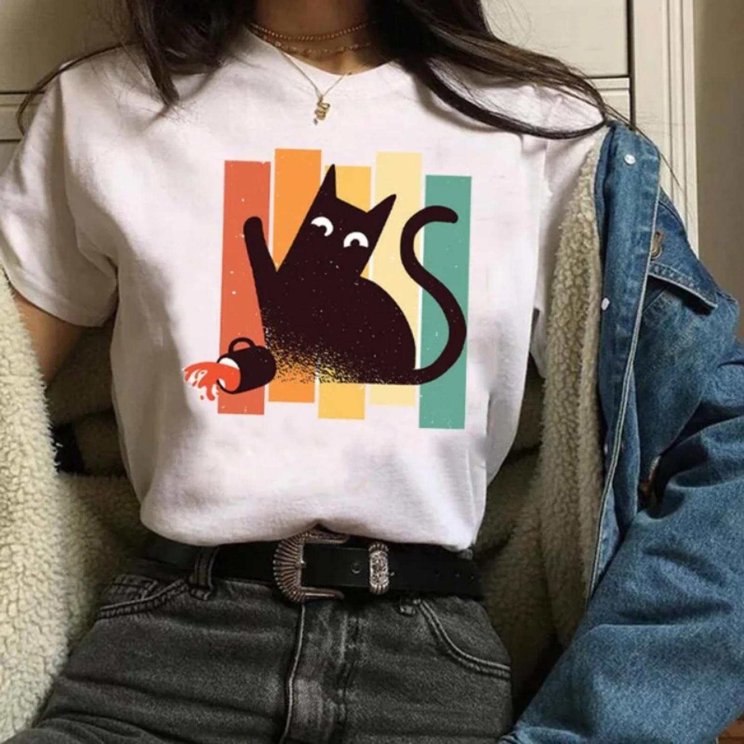 

WATH cat Cartoon FunnySummer Cute Printed Women s Cotton T-shirt Lovers Loose Kawaii Y2K Retro Round Neck Fashion T-shirt XXXXXL