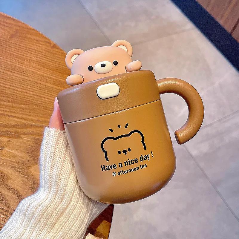 Бутылка для воды с трубочкой и ручкой из нержавеющей стали, термос Kawai Bear объемом 530 мл, термокружка для кофе с термоизоляцией, термокружка 501-600ml коричневый