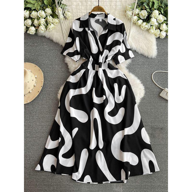 

Tea Break French Style 2024 Spring/Summer New Chiffon Stylish V Neck Elegant Cinched Slimming Long Dress Print Dress Black Print One size