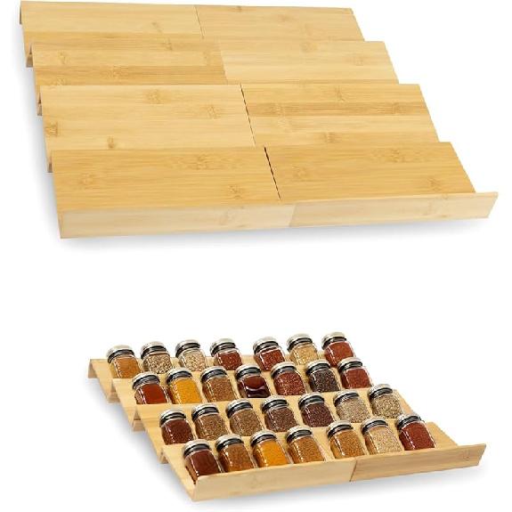 Bamboo Spice Rack For Drawer, 4 Tier Stackable Seasoning Storage Organizer Insert,for Kitchen Condiments Storage Insert(Jars Not Included,9.4"