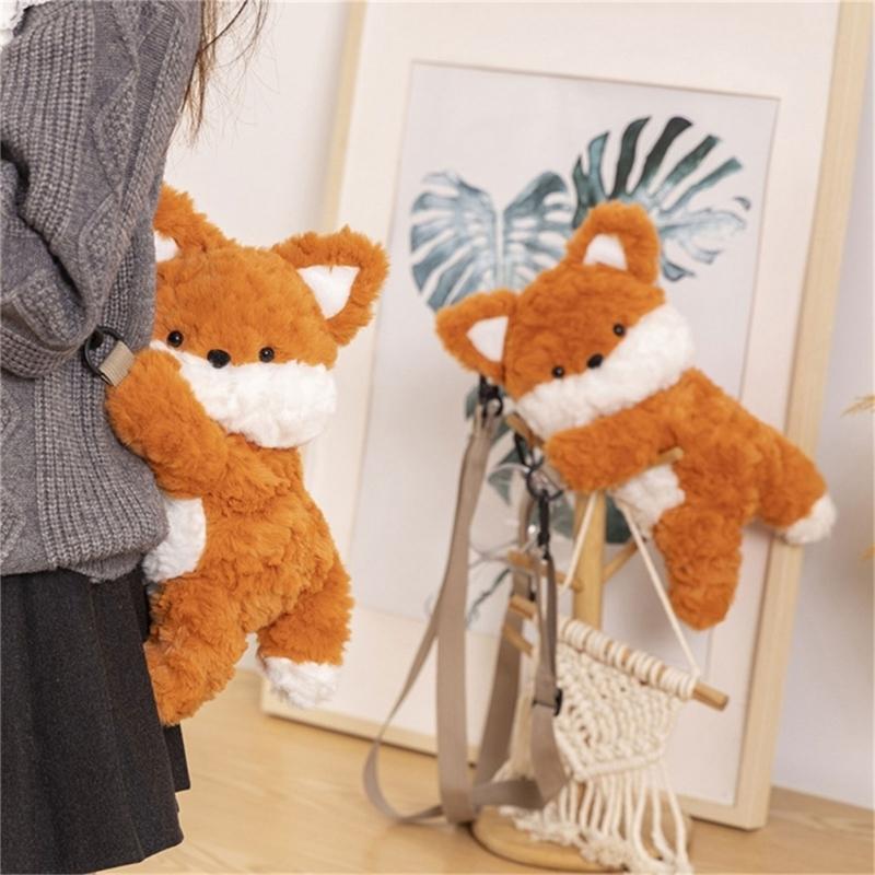 Plush Foxes Shoulder Bag Soft Crossbody Bag Girls Cartoon Backpack Lovely Animal School Bag Coin Purse for Winter