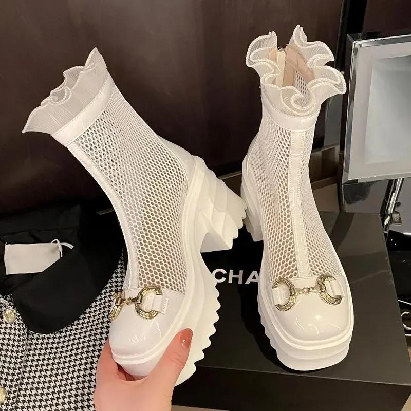 

Fashion Lace Kawaii Summer Breathable Platform Boots Lace-up Thick Sole Women Back Zipper Height Increasing Boots Women s Breathe Boots 35 бежевый
