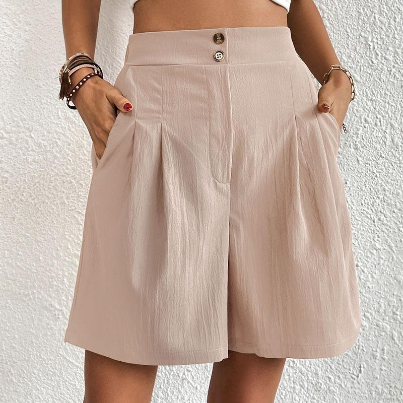 [Pantalones Cortos de Color Sólido de Cintura Alta] Pantalones Cortos de Cintura Alta de Color Sólido, Pantalones Cortos Casuales Sueltos de Pierna Ancha Para Verano, Ropa de Mujer