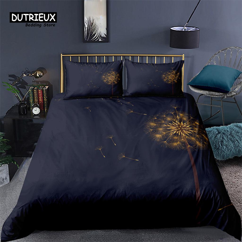 Dandelion Print Bedding Set Microfiber Monochrome Dandelions Blowing In The Wind Fluffy Flower Romance Theme Duvet Cover Decor
