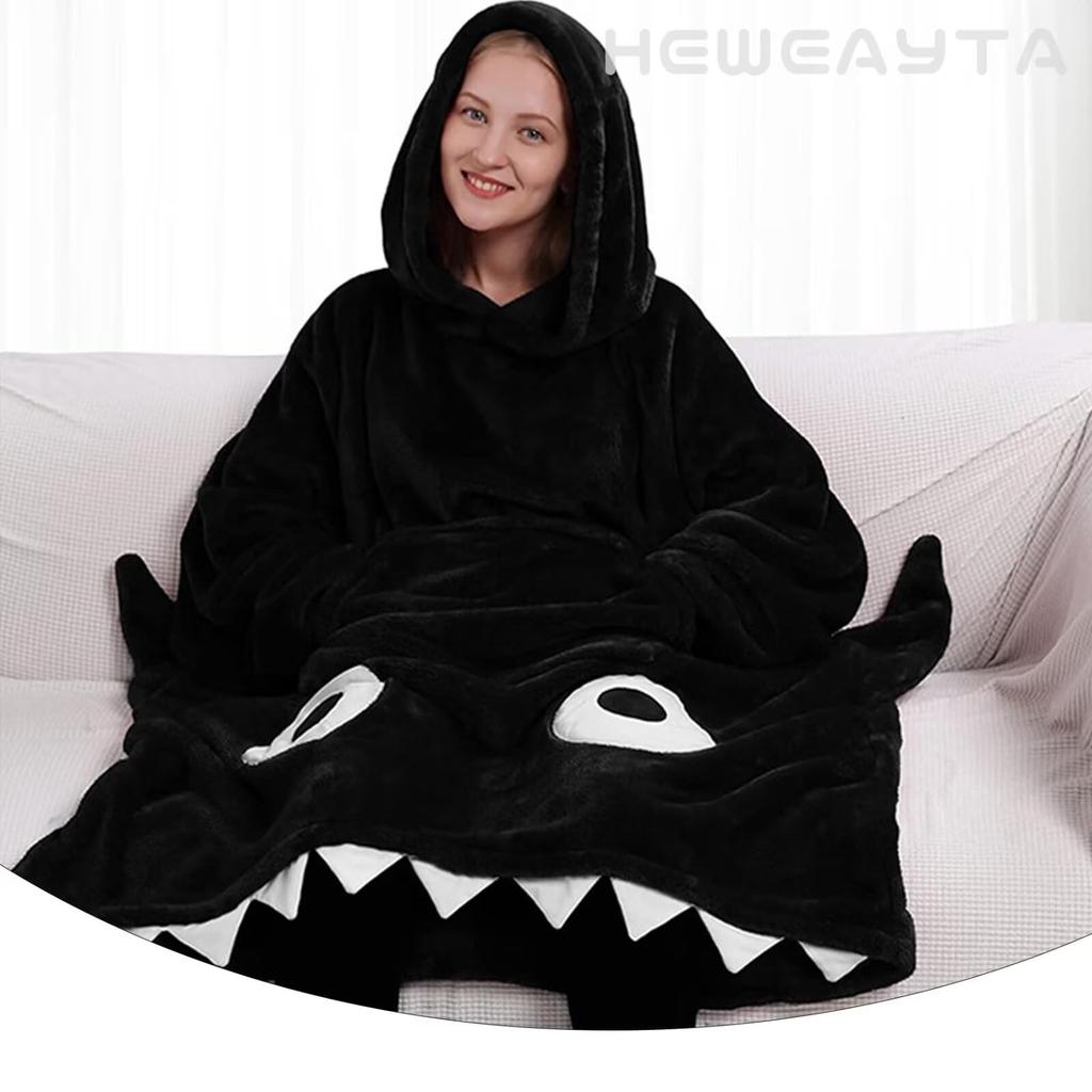 Women's Winter Wearable Blanket - Thick, Hooded, Long Sleeves, Long Length, with Pockets, Fluffy Shark Design, Unisex, Warm (Black, Free Size)