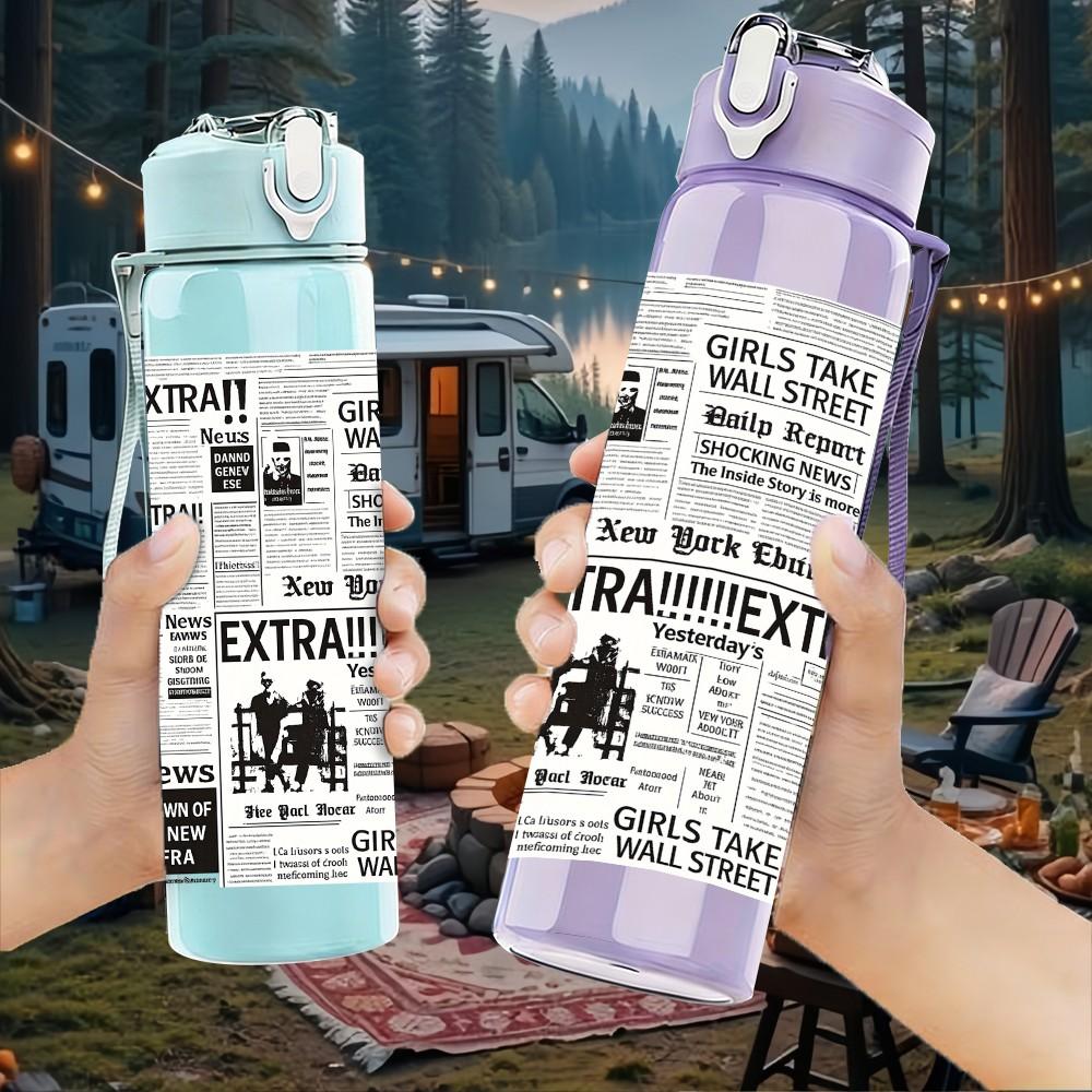 1PC Vintage Newspaper Text Collage Print 750ml Color Plastic Sports Water Bottle Leakproof Flip Straw Lid Suitable for Sports Office Home Use