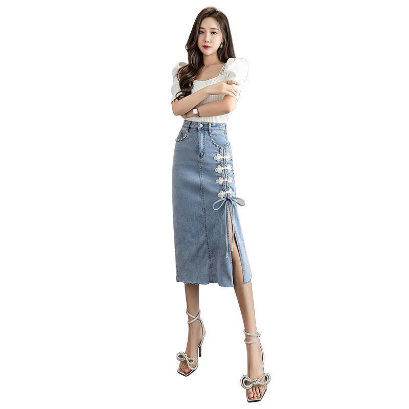 Damen Perlenbesetzter High-Waist Denimrock - Sommer 2025 Schlitz A-Linien-Stil