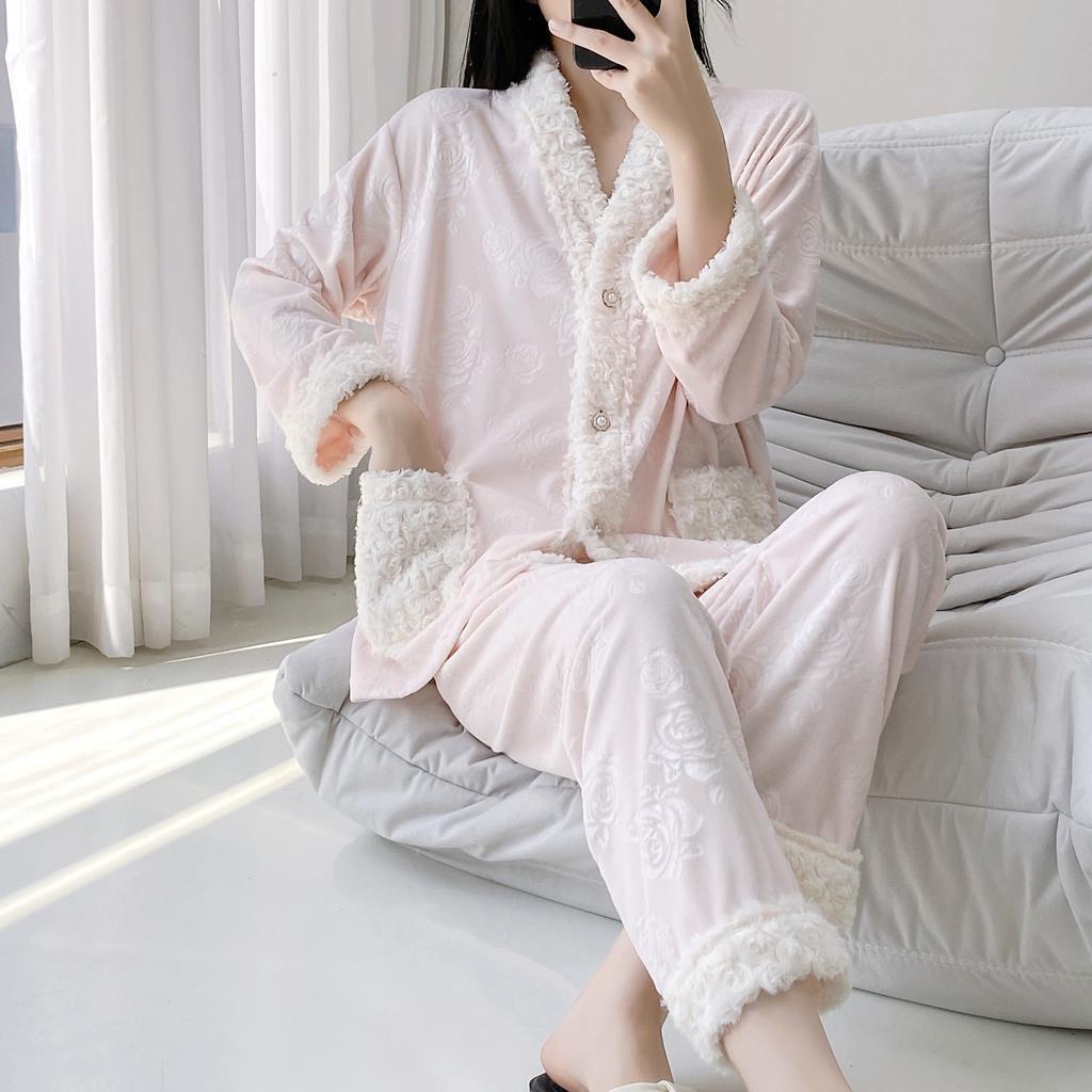 Island velvet new women's autumn and winter pajamas long-sleeved trousers loungewear warm double-sided velvet suit