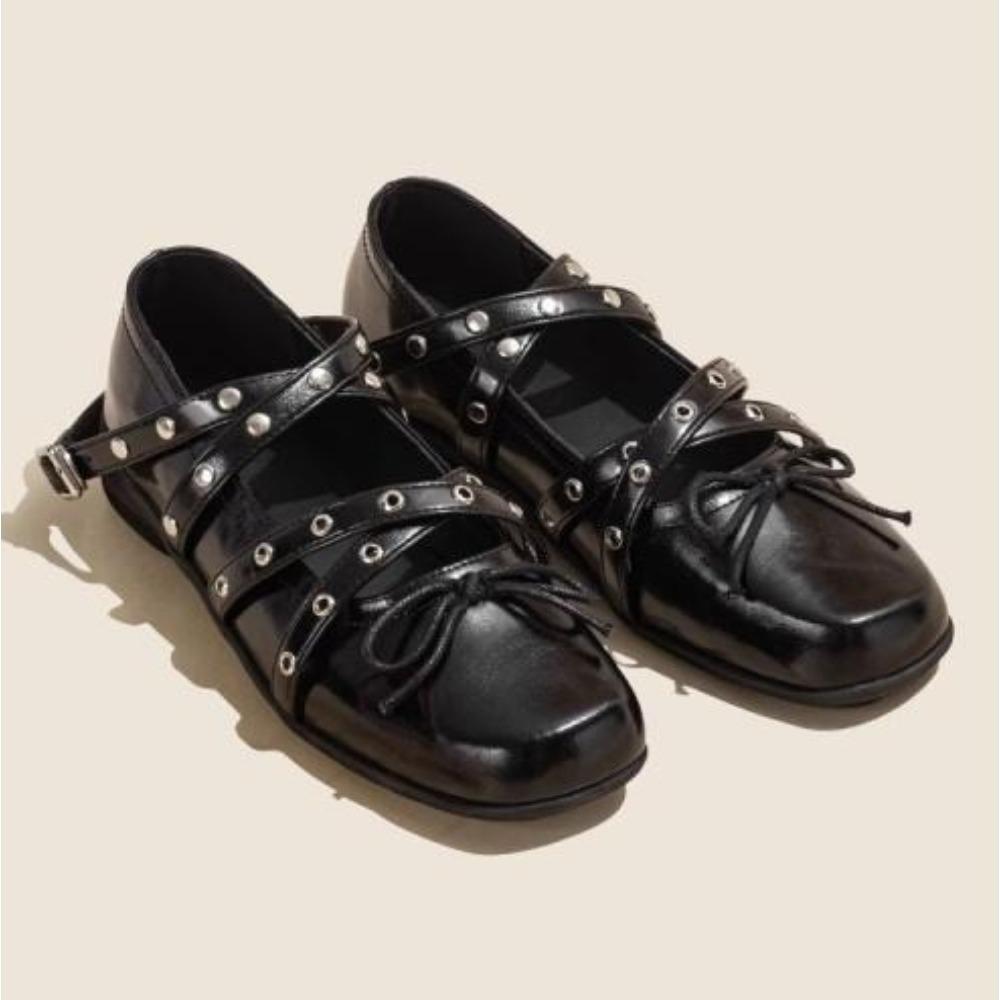 Fashion Flat Shoes for Women's Red Cross-strap Bow Pumps Women's 2025 Spring New Retro Shallow Mouth Rivet Ballet Flats Ladies Shoes