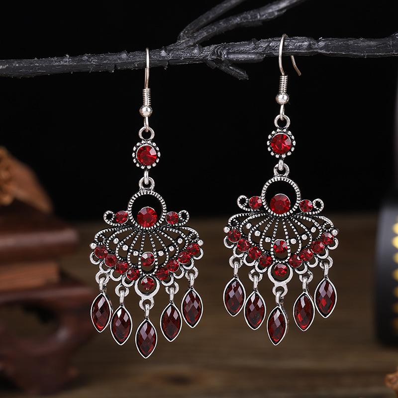 Ethnic Boho Vintage Drop Earrings For Women Geometric Hollow Crystal Blue Red Green Black Dangle Bohemian Wedding Earings Bijoux