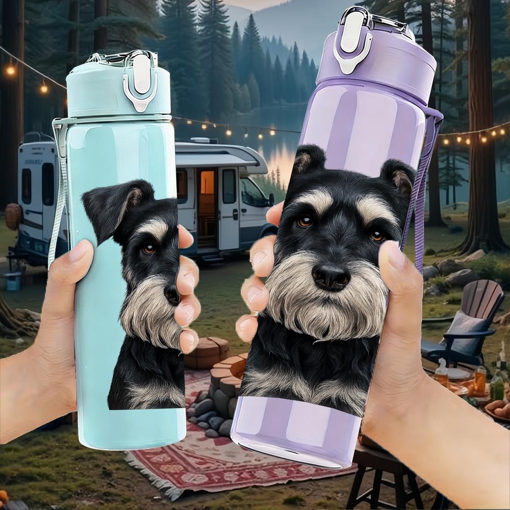 1PC Black Silver Schnauzer Bust 750ml Color Plastic Sports Water Bottle Leakproof Flip Straw Lid For Sports Office Home Use
